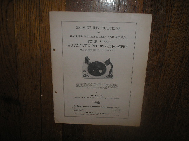  RC-88 RC-88 4 RC-98 4  PHONOGRAPH Turntable Service Manual 