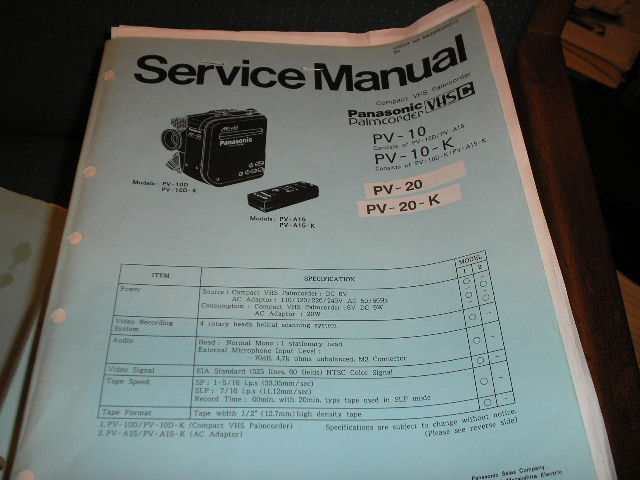 PV-10 PV-10-K PV-20 PV-20-K VHS-C Camcorder Service Manual