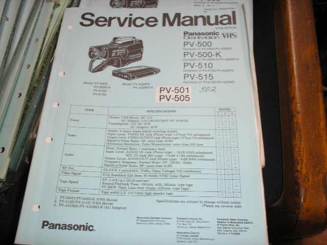 PV-500 PV-500-K PV-501 PV-502 PV-505 PV-510 PV-515 VHS Camcorder Service Manual