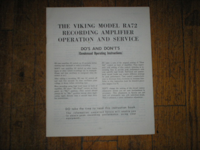 Viking RA72 Recording Amplifier Operating Service Instruction Manual