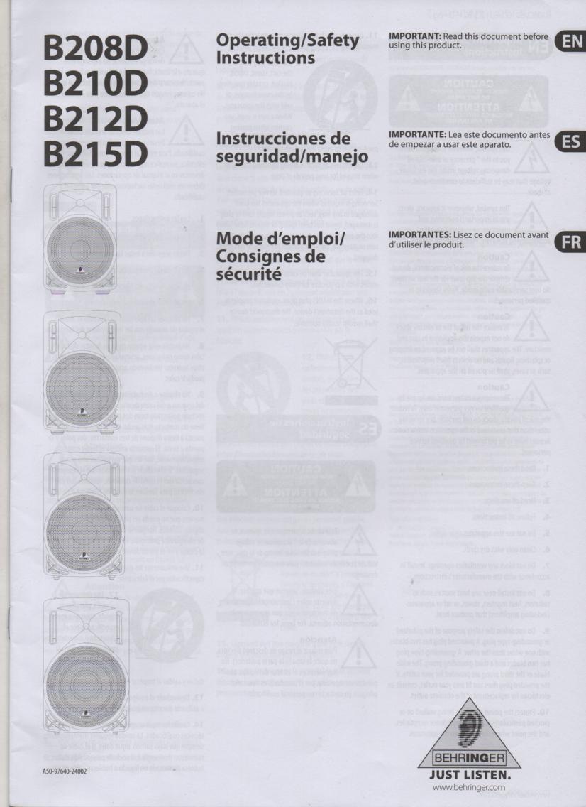 B208D B210D B212D B215D EUROLIVE Owners Instruction Manual  BEHRINGER