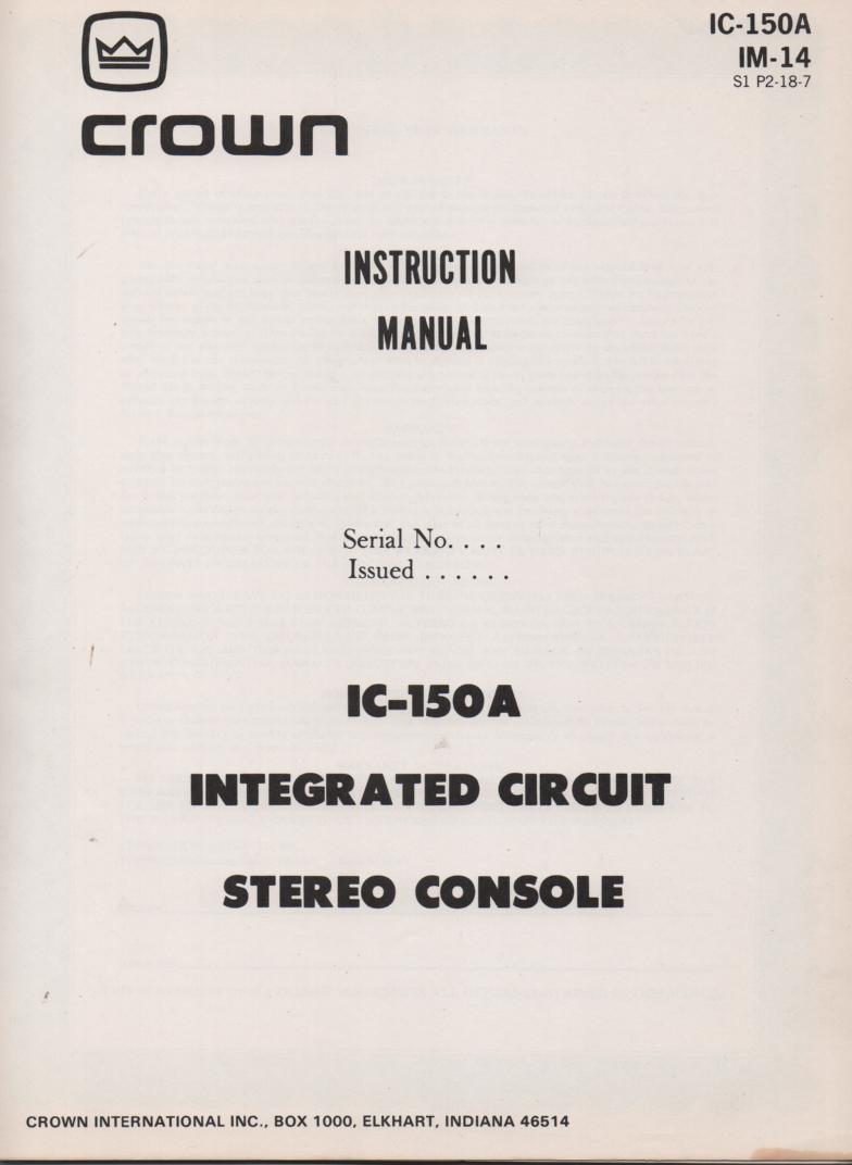 IC150A Stereo Console Owners Instruction Service Manual.. IM14..  in binder