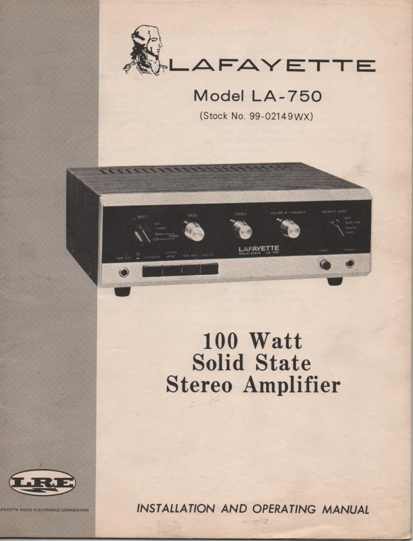 LA-750 100 Watt Stereo Amplifier Owners Service Manual with foldout schematic                                           