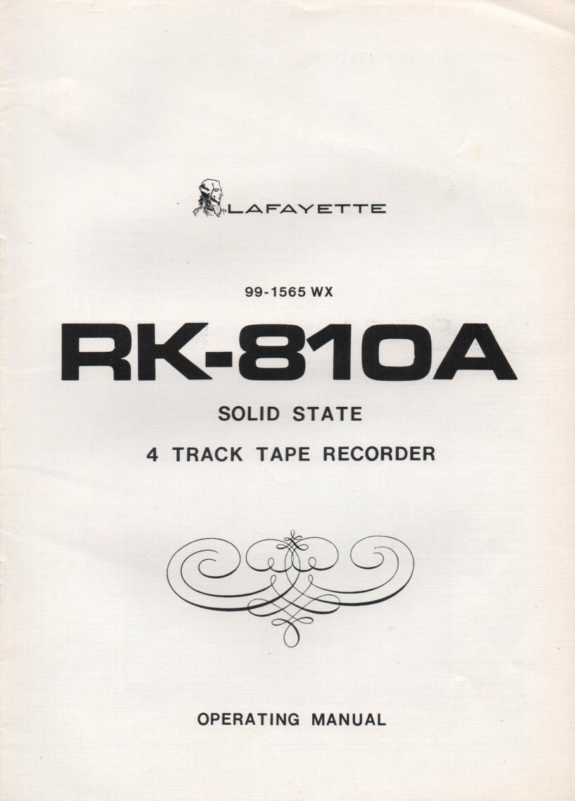 RK-810A Reel to Reel Owners Manual with schematic.. Stock No. 99-1565WX .