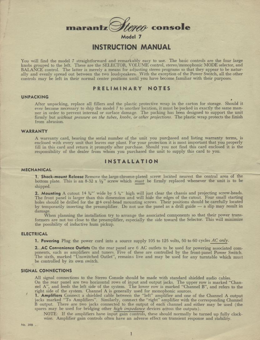 7 Stereo Console Operating Instructions w/Schematic