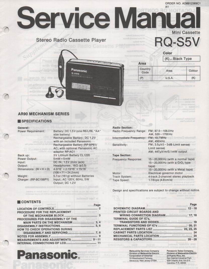 RQ-S5V Radio Mini Cassette Player Service Manual