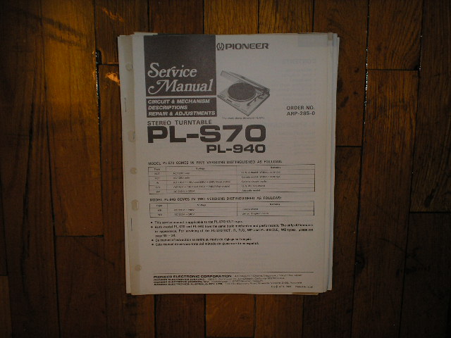 PL-940 PL-S70 Turntable Service Manual  Pioneer