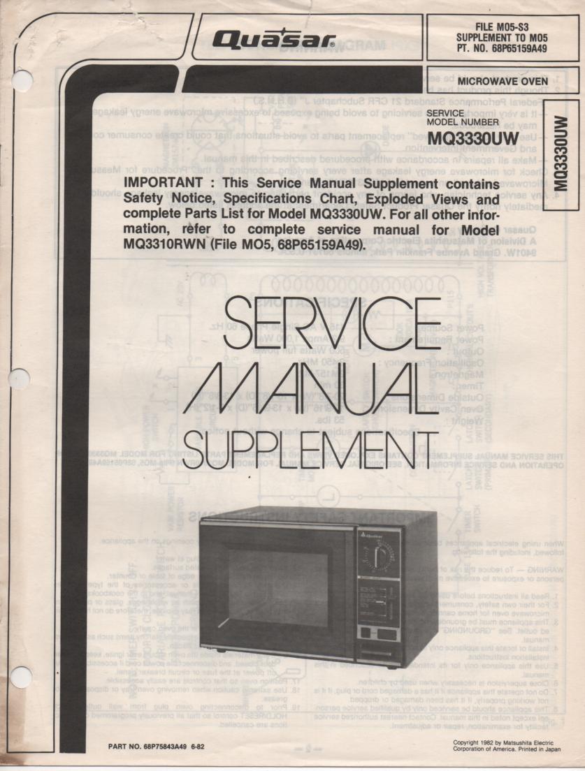 MQ3330UW Microwave Oven Service Instruction Manual.  MQ3310RWN Manual is included..