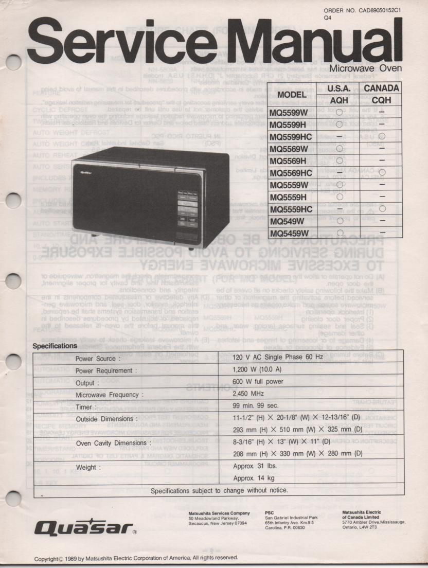 MQ5559H MQ5559HC MQ5559W MQ549W Microwave Oven Service Operating Manual