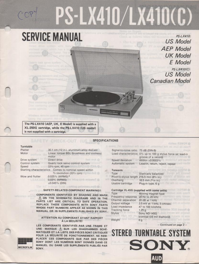 PS-LX410 PS-LX410C Turntable Service Manual  Sony