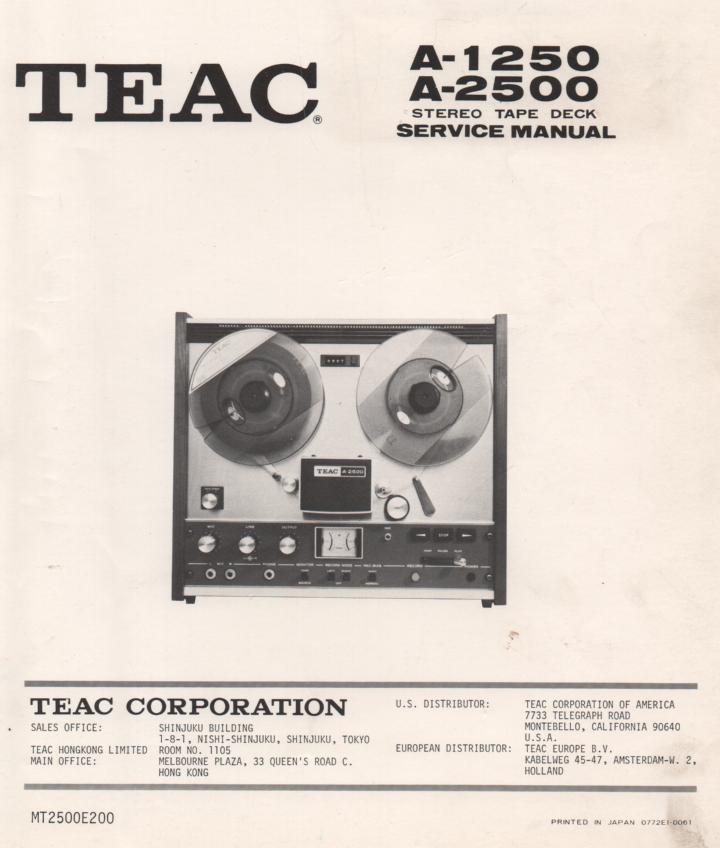 A-2500 A-1250 Reel to Reel Service Manual.  TEAC