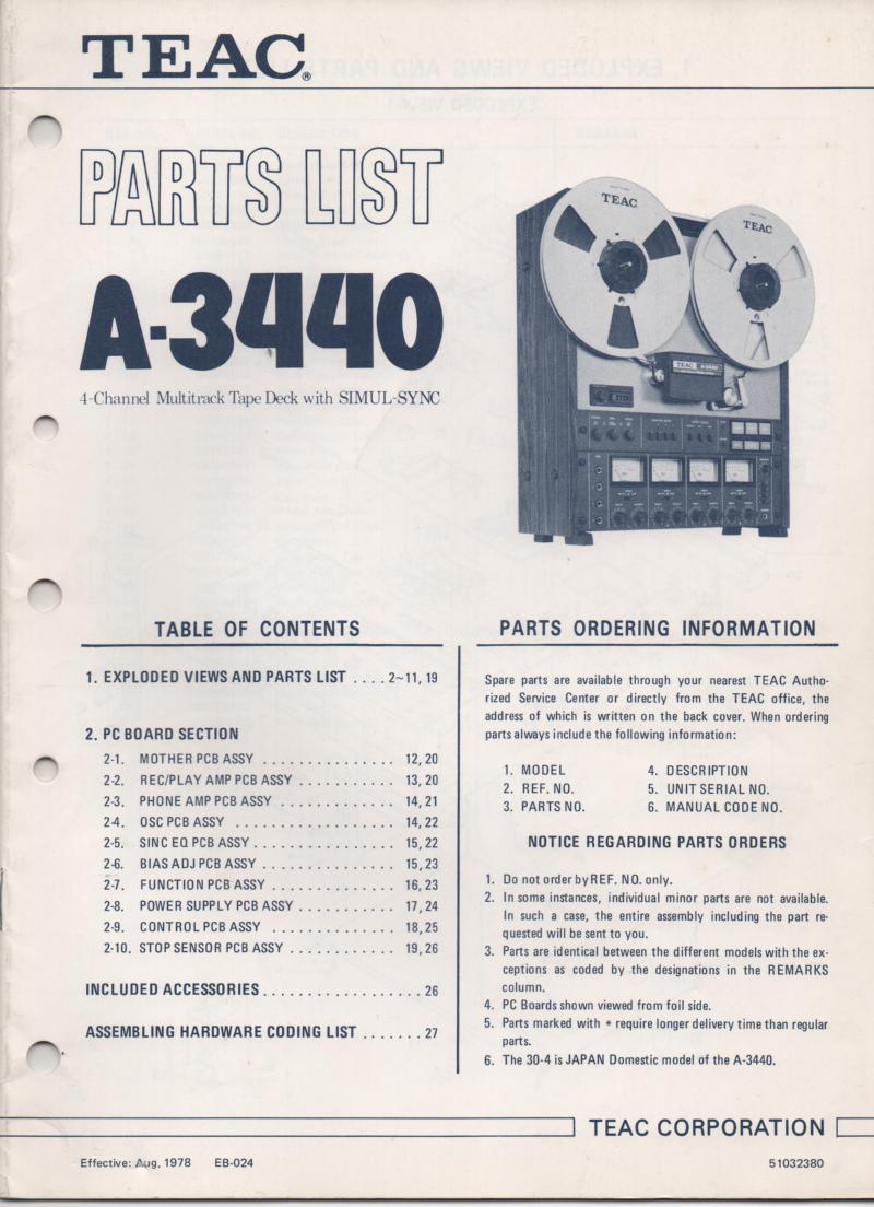 A-3440 Reel to Reel Parts Manual Only