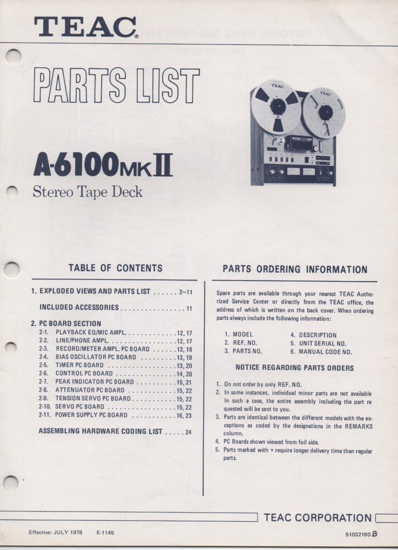 A-6100mk II Reel to Reel Service Parts Manual Only.