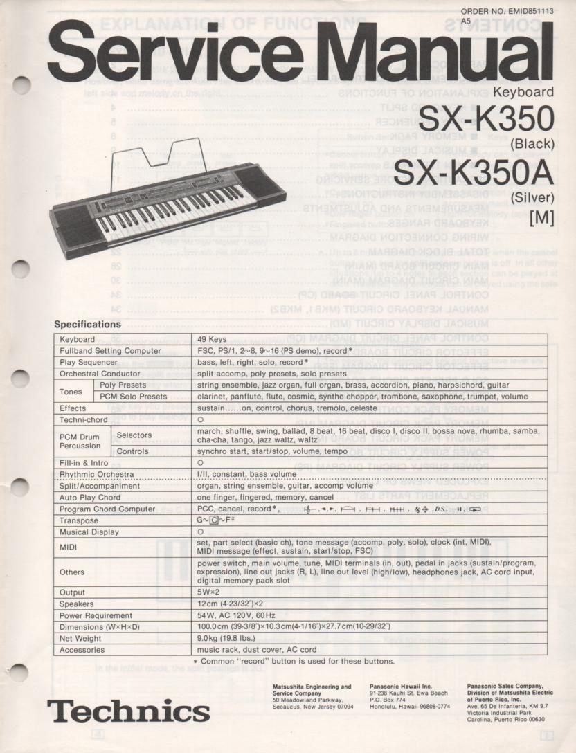SX-K350 SX-K350A Electric Organ Service Manual
