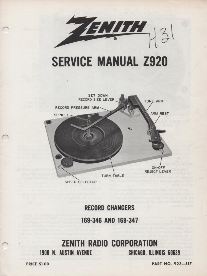 169-347 Record Changer Service Manual Z920