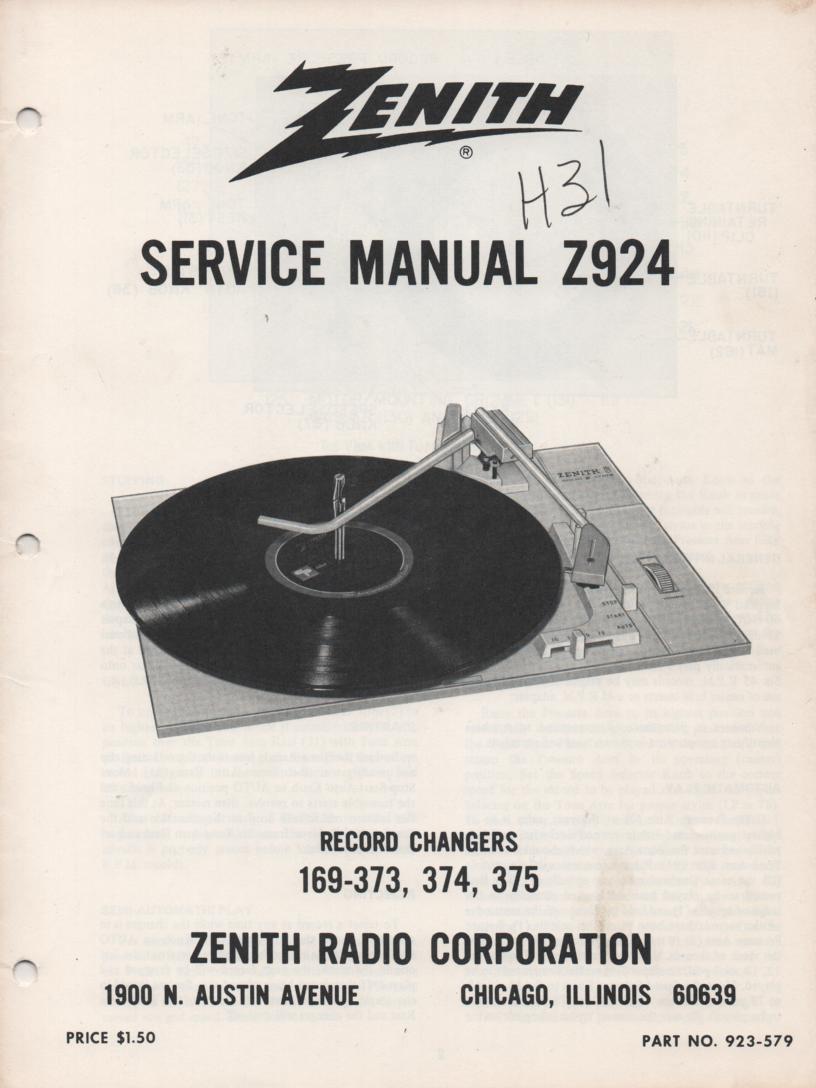 169-375 Record Changer Service Manual Z924