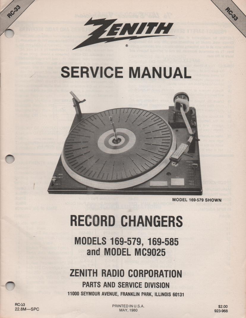 169-579 169-585 MC9025 Turntable Service Manual RC-33 May 1980
