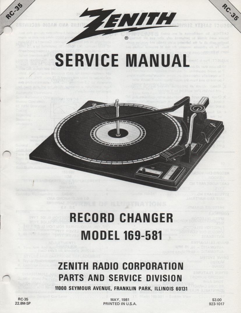 169-581 Turntable Service Manual RC-35 May 1981