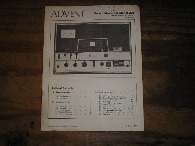 Advent 201 Cassette Deck Service Manual.