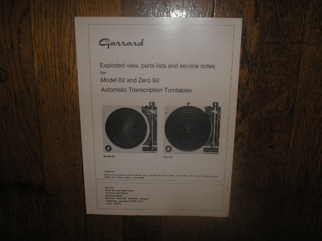 82 ZERO 92 Turntable Service Manual