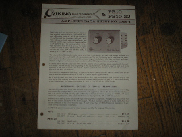 Viking PB10 PB10-22 Pre-Amplifier Schematic and Data Sheet