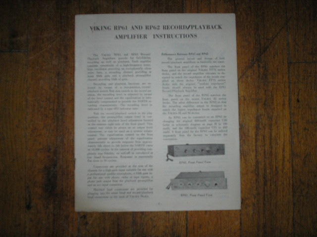 Viking RP61 Record Playback Amplifier Operating Instruction Manual