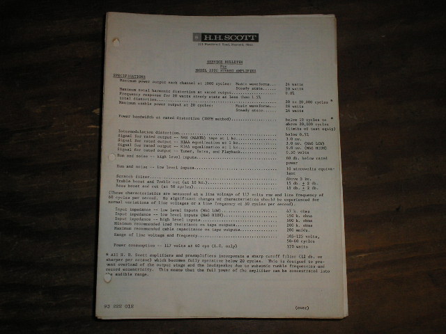 222C 222-C Amplifier Service Manual..Schematic is dated July 19th 1961