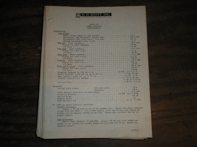 233 Amplifier Service Manual.. Schematic is dated September 10th 1964