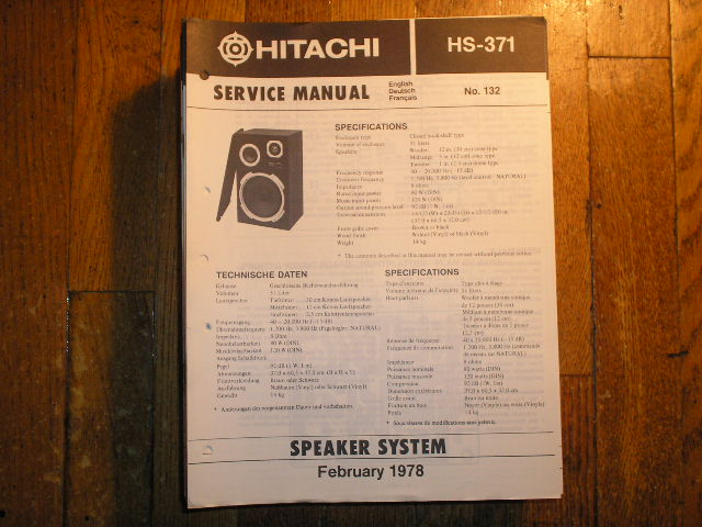HS-371 Speaker System Service Manual  Hitachi