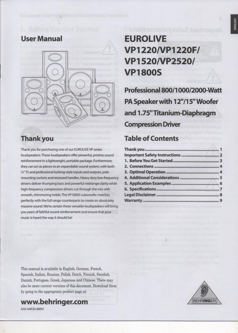 VP1220 VP1220F VP1520 VP1800S VP2520 Speaker System English Owners Instruction Manual.