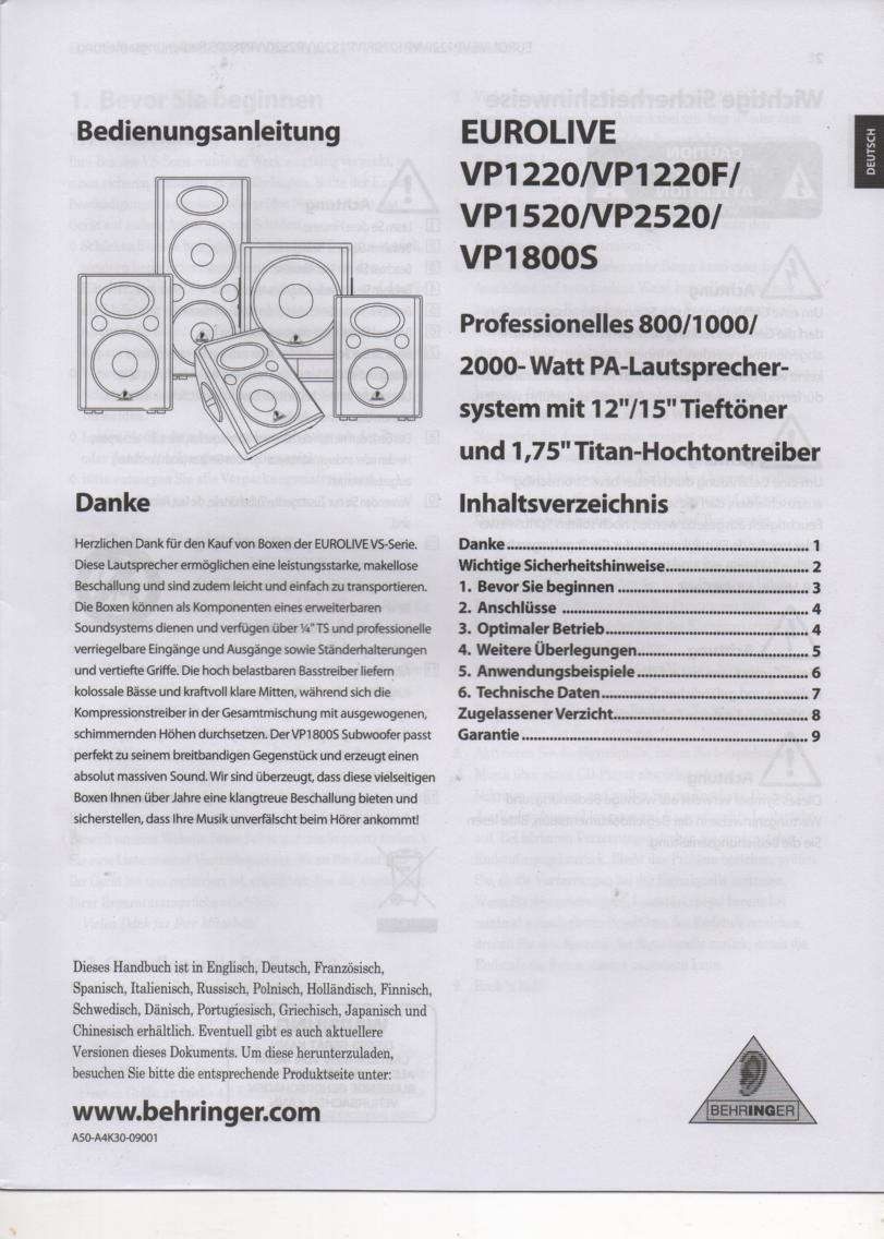 VP1220 VP1220F VP1520 VP1800S VP2520 Speaker System German Owners Instruction Manual  BEHRINGER