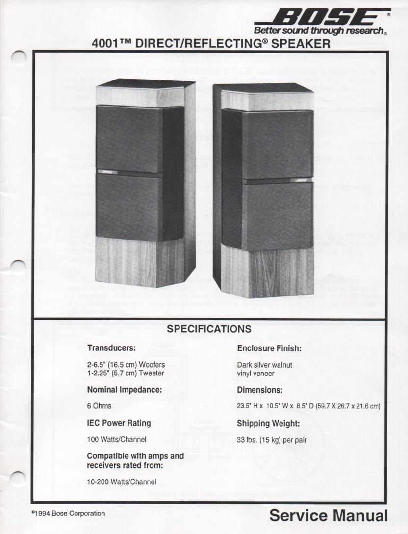 4001 Direct Reflecting Speaker System Service Manual  Bose 