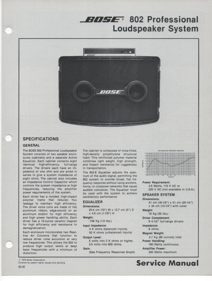 802 Profesional Equalizer Loudpeaker System Service Manual  Bose 