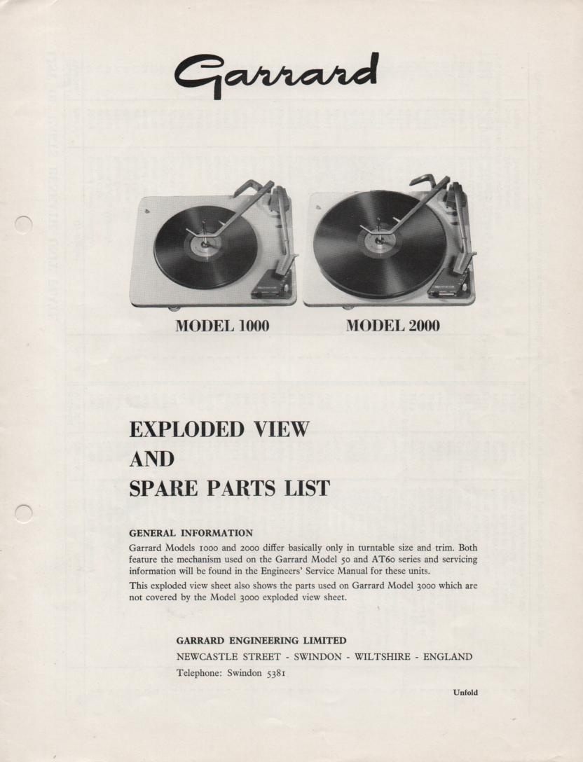 1000 2000 Turntable Exploded View and Parts List Manual..
Use with Model 50 AT60 for Service Manual.. also some 3000 covered here..