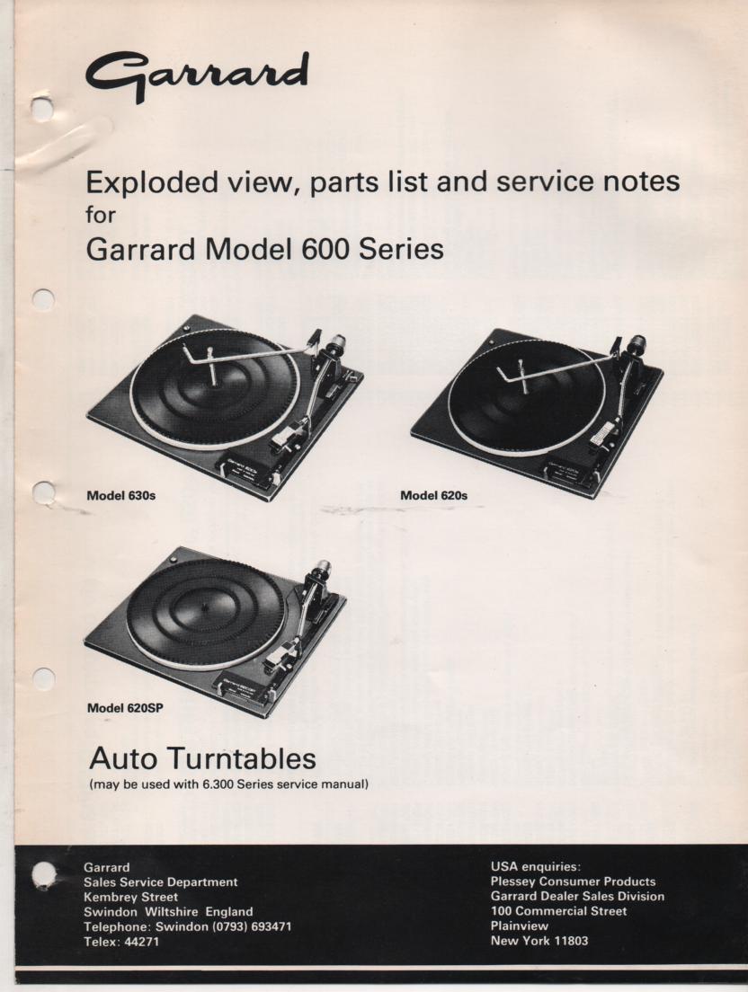 600 Series 620s 620SP 630s Turntable Exploded View and Parts List Service Manual