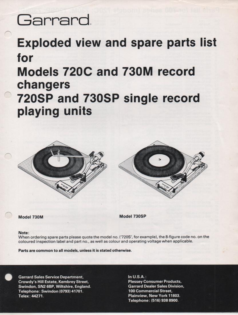 720C 720SP 730M 730SP Turntable Exploded View and Parts List Manual