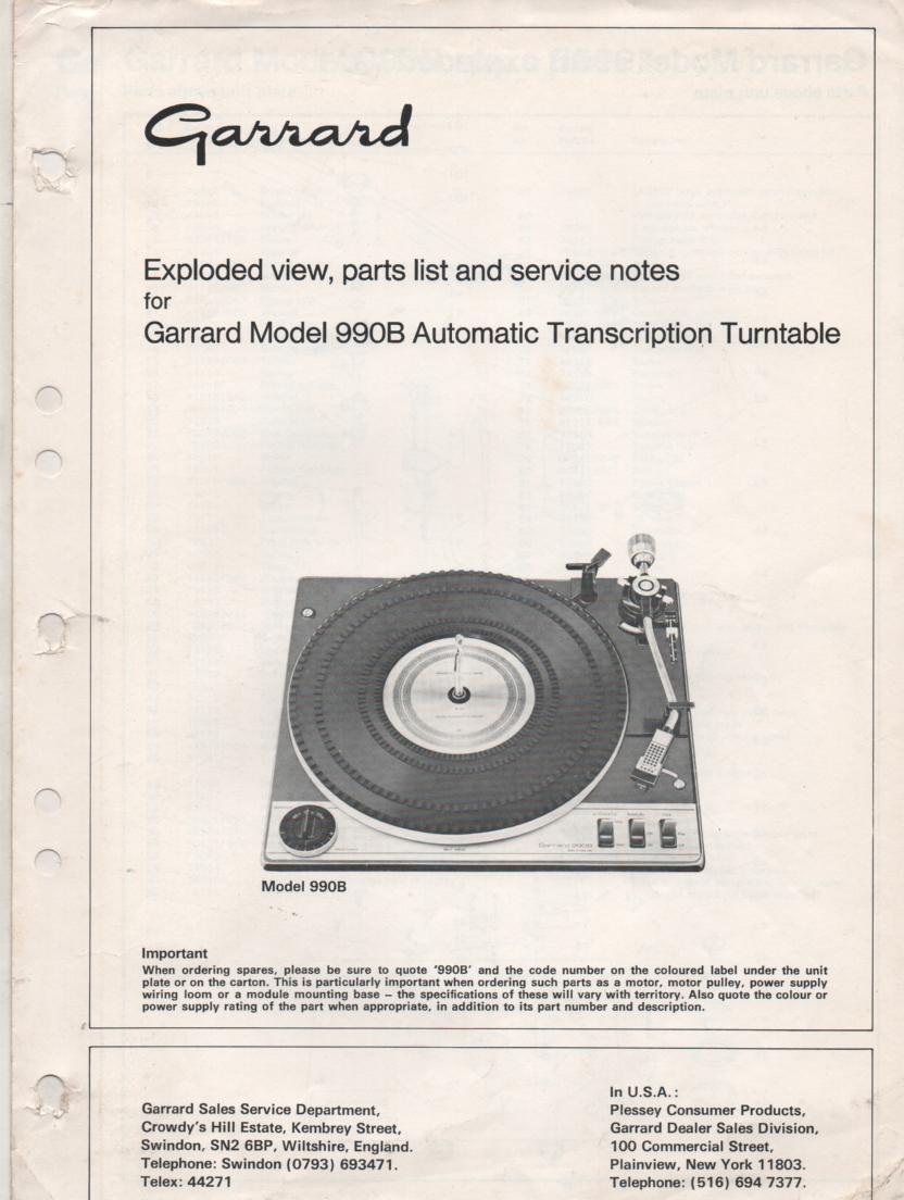 990B Turntable Exploded View and Parts List Service Manual.. Use with Zero 100 manual for complete manual