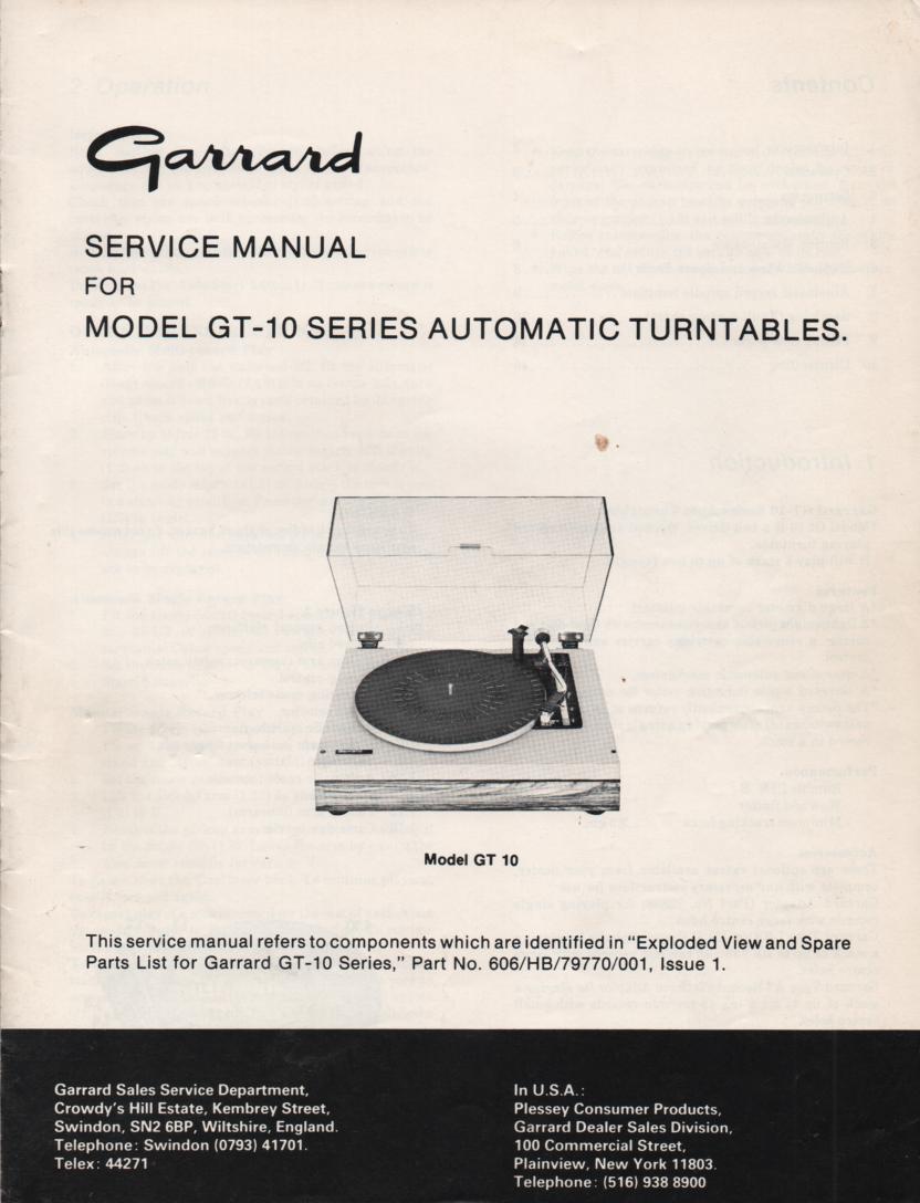 GT-10 Turntable Service Manual