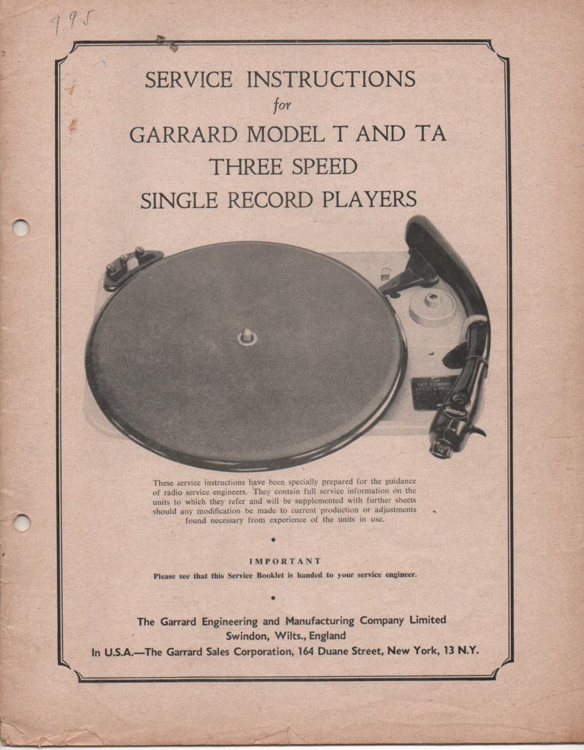 T TA TYPE Phonograph Turntable Service Manual