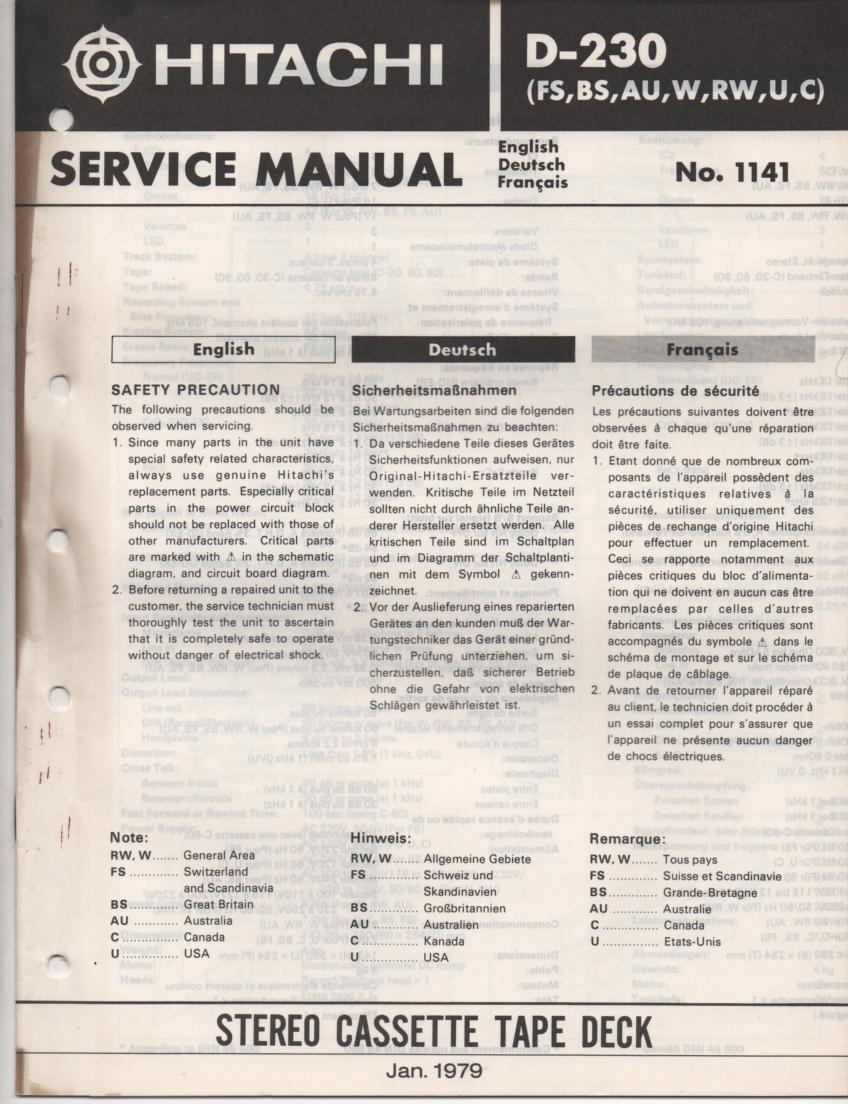 D-230 Cassette Deck Service Manual .  For U C W RW FS BS and AU versions.  Manual is in English Deutsch and Francais