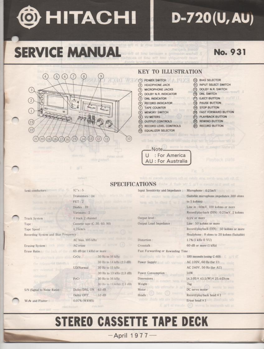 D-720 Cassette Deck Service Manual .  For U and AU versions.  Manual is in English