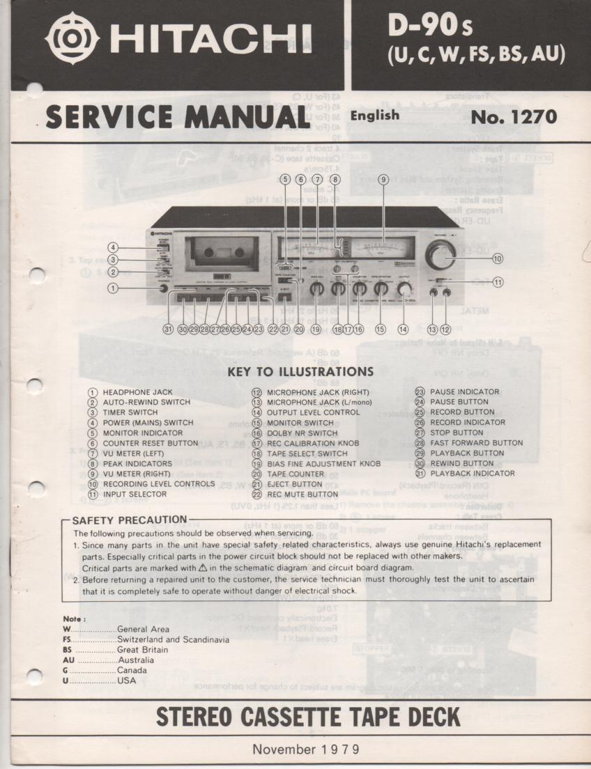 D-90S Cassette Deck Service Manual .  For U C W FS BS and AU versions.  Manual is in English