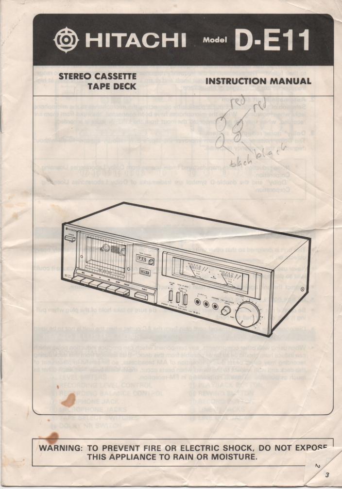 D-E11 Cassette Deck Owners Instruction Manual with Schematic