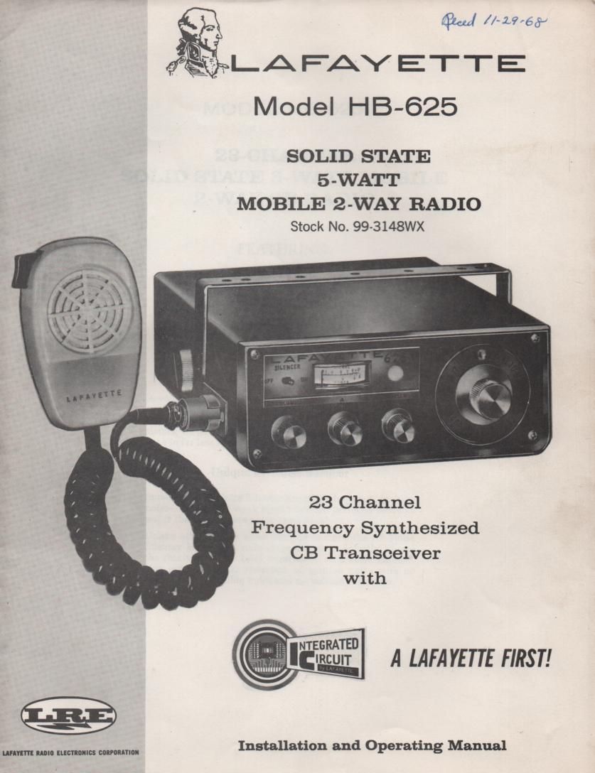 HB-625 Mobile CB Radio Owners Service Manual. Owners manual with Large Foldout schematic.   Stock No. 99-3148WX .
