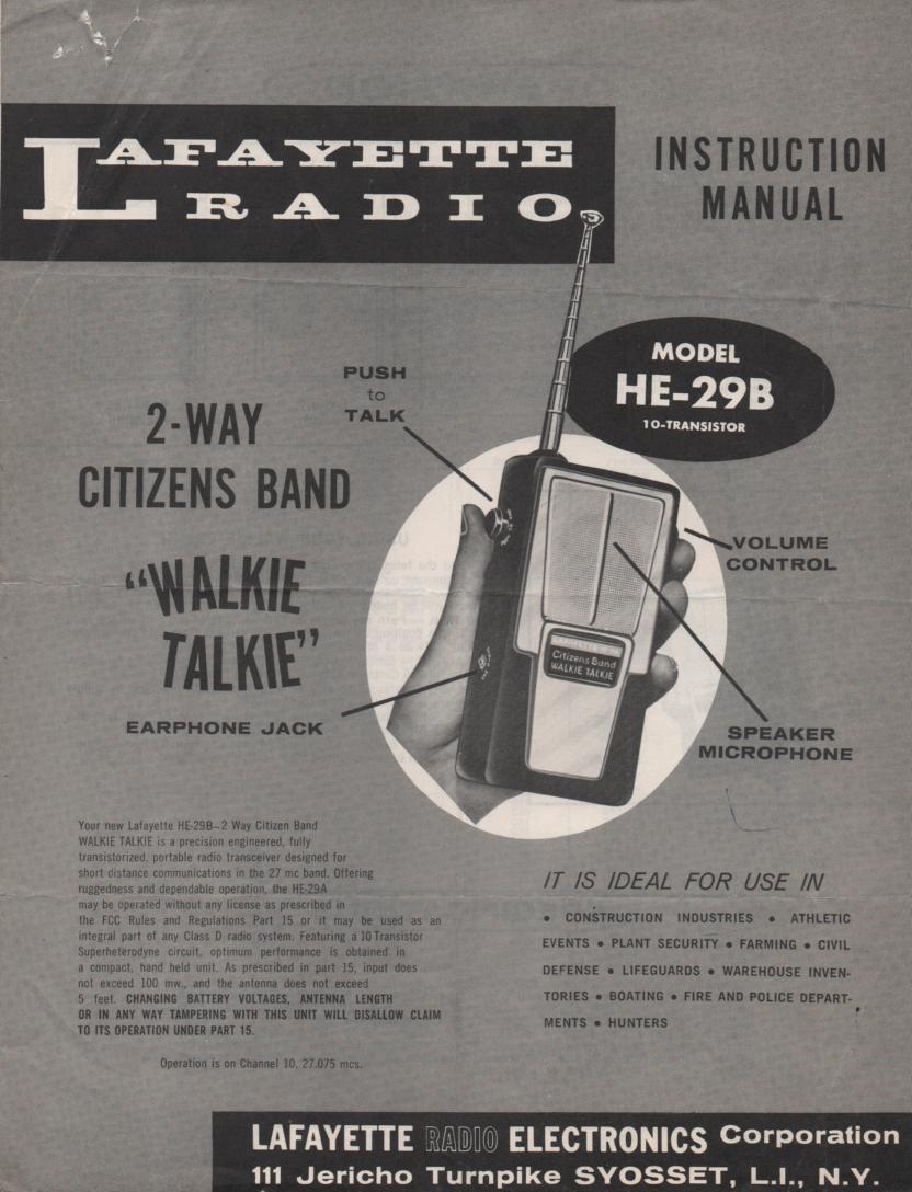 HE-29B Walkie Talkie Radio Owners Service Manual.. Owners manual with schematic.
