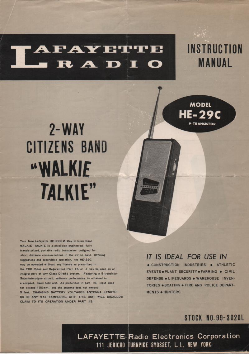 HE-29C Walkie Talkie RAdio Ownrts Service Manual.  Owners manual with schematic and parts list..  Stock No. 99-3020L .