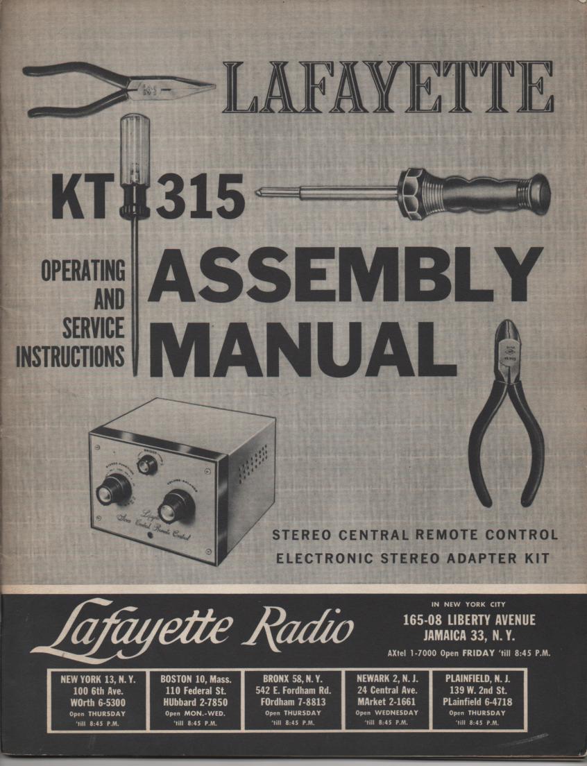 KT-315 Remote Control Stereo Adapter Assembly Service Manual                                                 