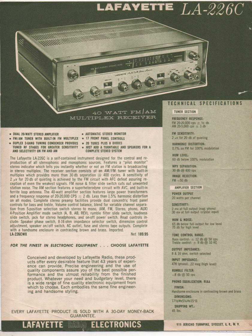 LA-226C Amplifier Owners Service Manual. Schematic only.