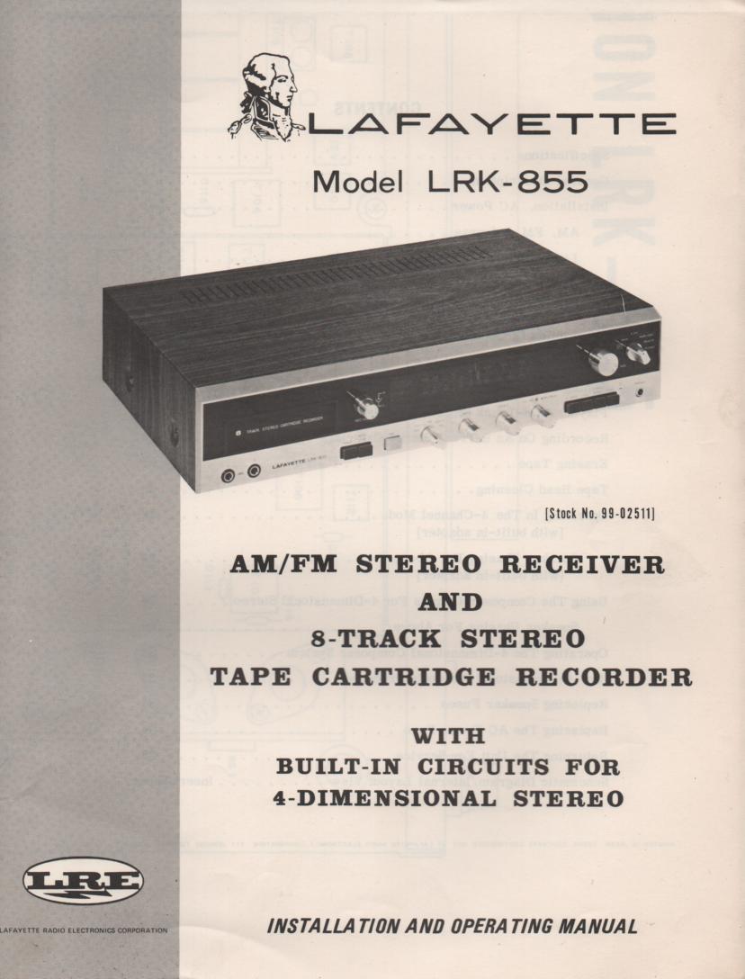 LRK-855 8-Track Receiver Owners Service Manual. Owners manual with large foldout schematic.   Stock No. 99-02511 .