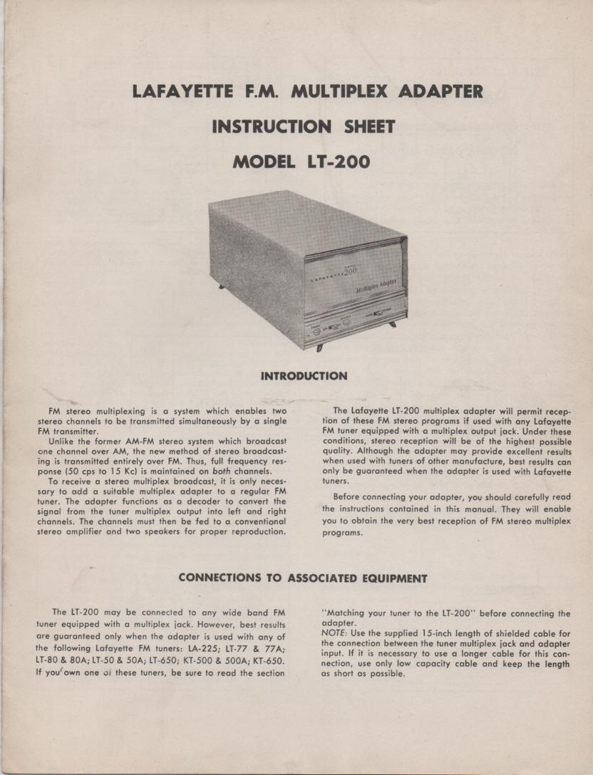 LT-200 FM Multiplex Adapter Service Owners Instruction Manual